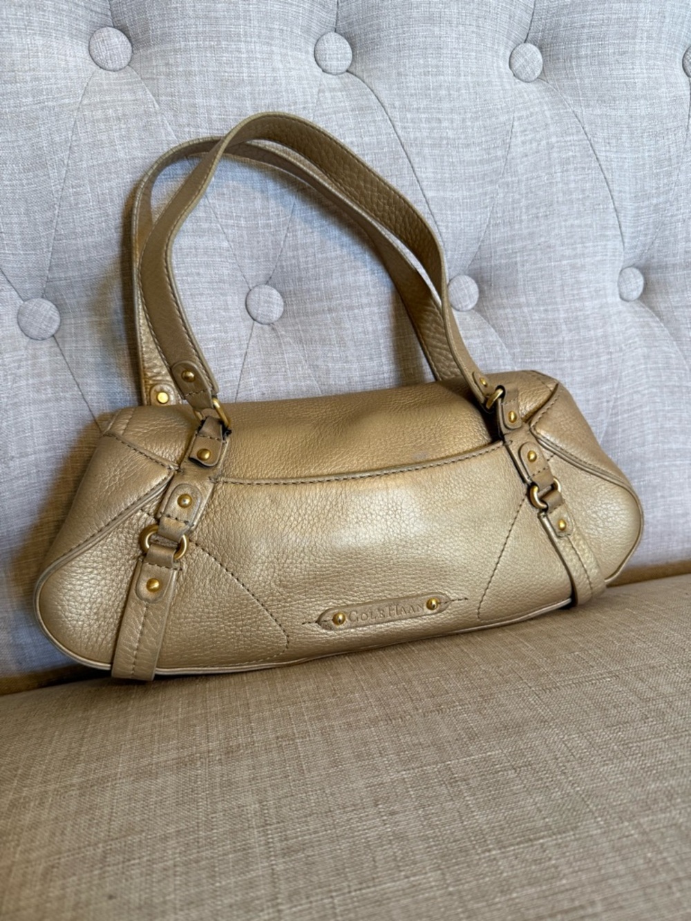 Vintage Cole Haan Pebbled Gold Leather Shoulder Bag with Brass Hardware